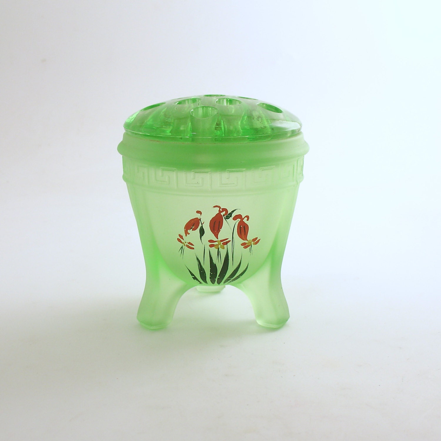 Vintage Glass Frog Flower Holder Green Glass Garden by efinegifts