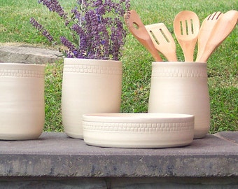 Wedding Shower Gift Kitchen Gift Idea Farmhouse Pottery Utensil Holder Ceramic Kitchen Tool Holder, Utensil Storage Rustic Utensil Spoon Jar