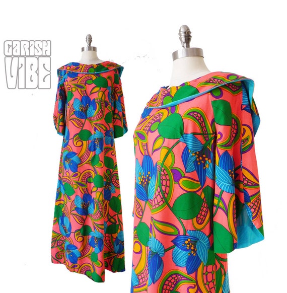 60s Maxi Dress | Vintage Hawaiian Bell Sleeve Ruffled Neckline Bright ...