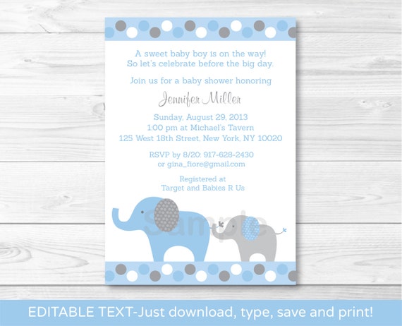 Information regarding Blue and Gray Polka Dot Elephants Printable Kid Shower Invitation Editable PDF image relating to Printable Baby Shower Invites named Info more than Blue and Gray Polka Dot Elephants Printable Boy or girl Shower Invitation Editable PDF