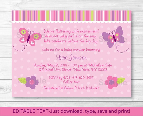 Baby Girl Pink Butterfly Printable Baby Shower Invitation Editable