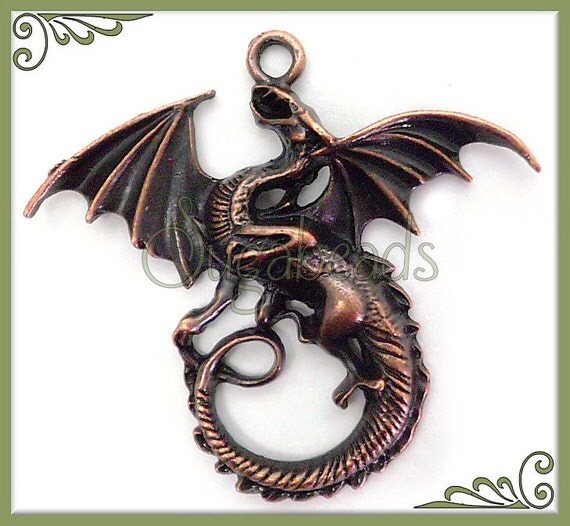 2 Larger Sized Antiqued Copper Dragon Pendants 45mm