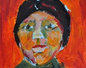 Original Acrylic Portrait Painting, Lydia, Girl, Woman, Orange, Face, Bold colors 4x4 mini art chipboard
