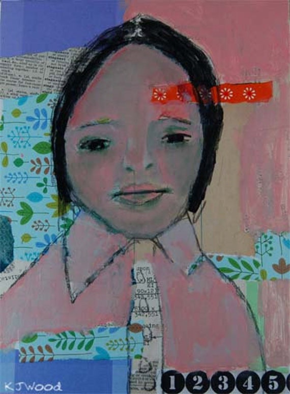 Acrylic Portrait Painting, Sentimental Attachment, White Tie, Girl, Pink, Blue, Purple, Flowers, 9x12 Canvas Panel