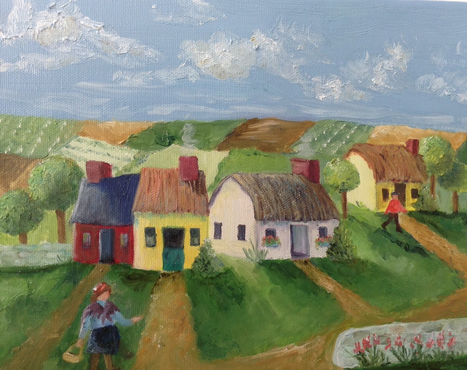 Folk Art Oil Painting Irish Village Original Art Small Format