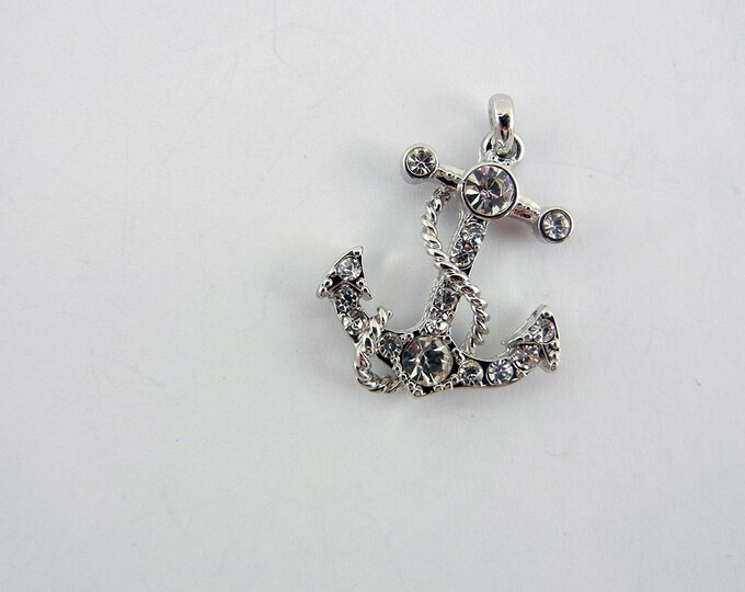 Small Nautical Anchor Pendant Silver-tone Rhinestones