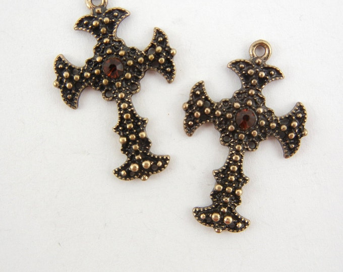 Pair of Small Antique Gold-tone Textured Cross Charms with Topaz Rhinestone