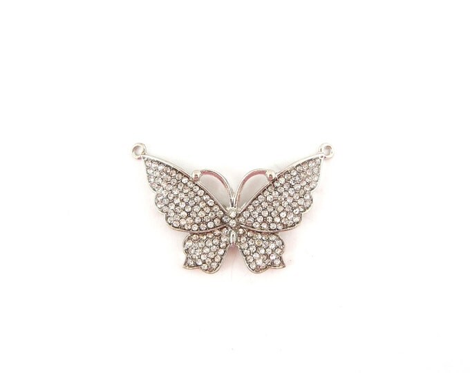 Silver-tone Double Link Rhinestone Butterfly Pendant