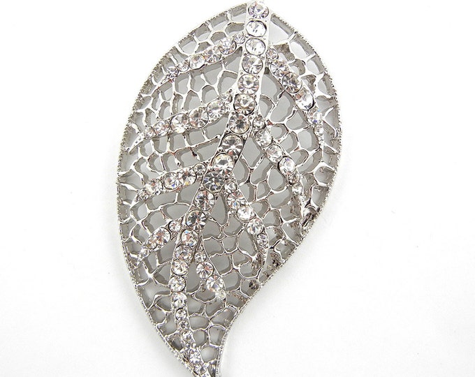 Large Silver-tone Filigree Leaf pendant with Rhinestones