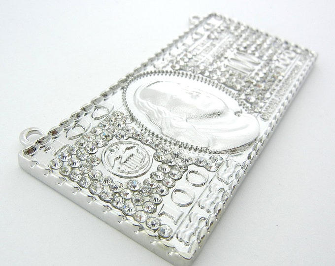 Large Double Link Silver-tone 100 Dollar Bill Pendant Rhinestone Accented
