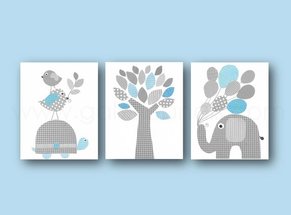 Baby Boy Nursery Decor Kids wall Art Nursery wall Art Blue gray nursery elephant nursery giraffe bird Tree Nursery art Set of three prints by GalerieAnais