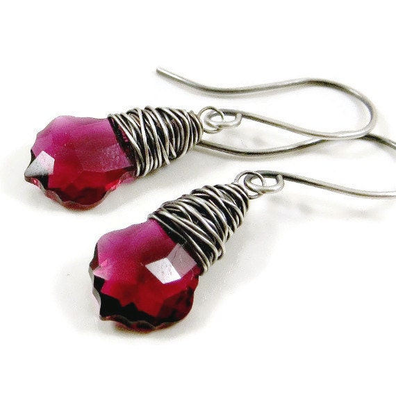 Ruby Earrings : Crystal Dangle Earrings Ruby Wrapped in Fine Silver ...