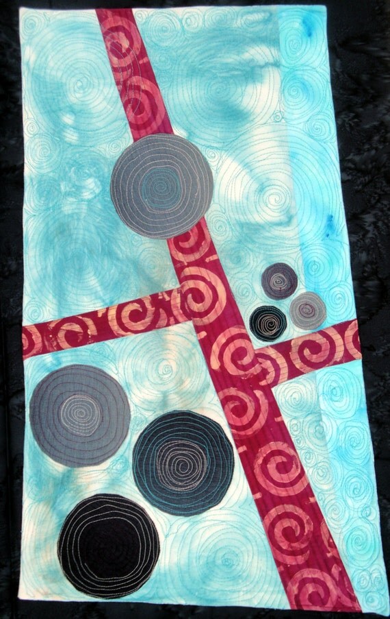 Aqua Blue Modern  Art Quilt Wall   Hanging  |'Simple Balance"