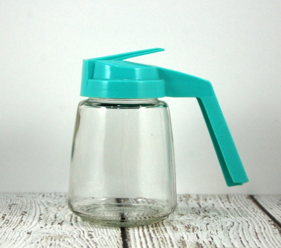 Vintage 1950s Turquoise Syrup Pitcher Glass Pourer Plastic Lid