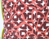Mid Century Modern Throw Pillow - 1950s Vintage Fabric Floral in Coral Pink and Brown with Chartreuse Piping / 20" x 16"