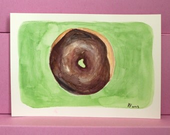 Chocolate Glazed Donut on Green Original Watercolor Painting