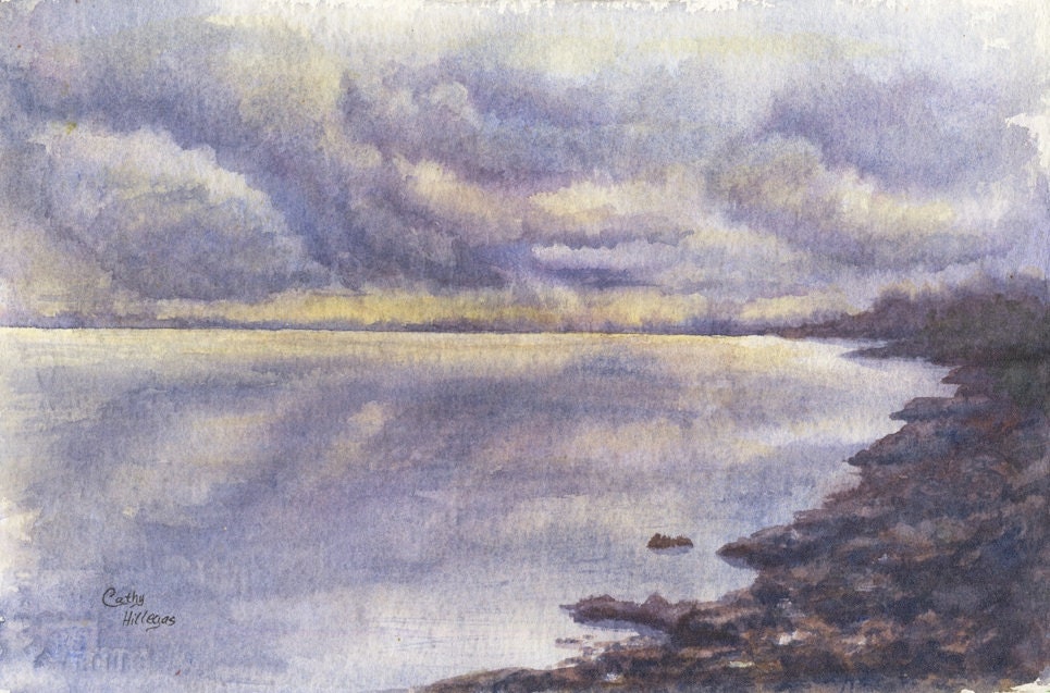 Stormy Sky Beach Art Watercolor Original Painting By Cathy