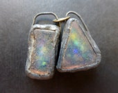 Shimmer beach glass earring pair with solder and flash. Faux Roman glass. 5