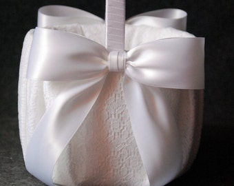 Flower Girl Basket with White Lace and Double Faced Satin Bow - Katherine