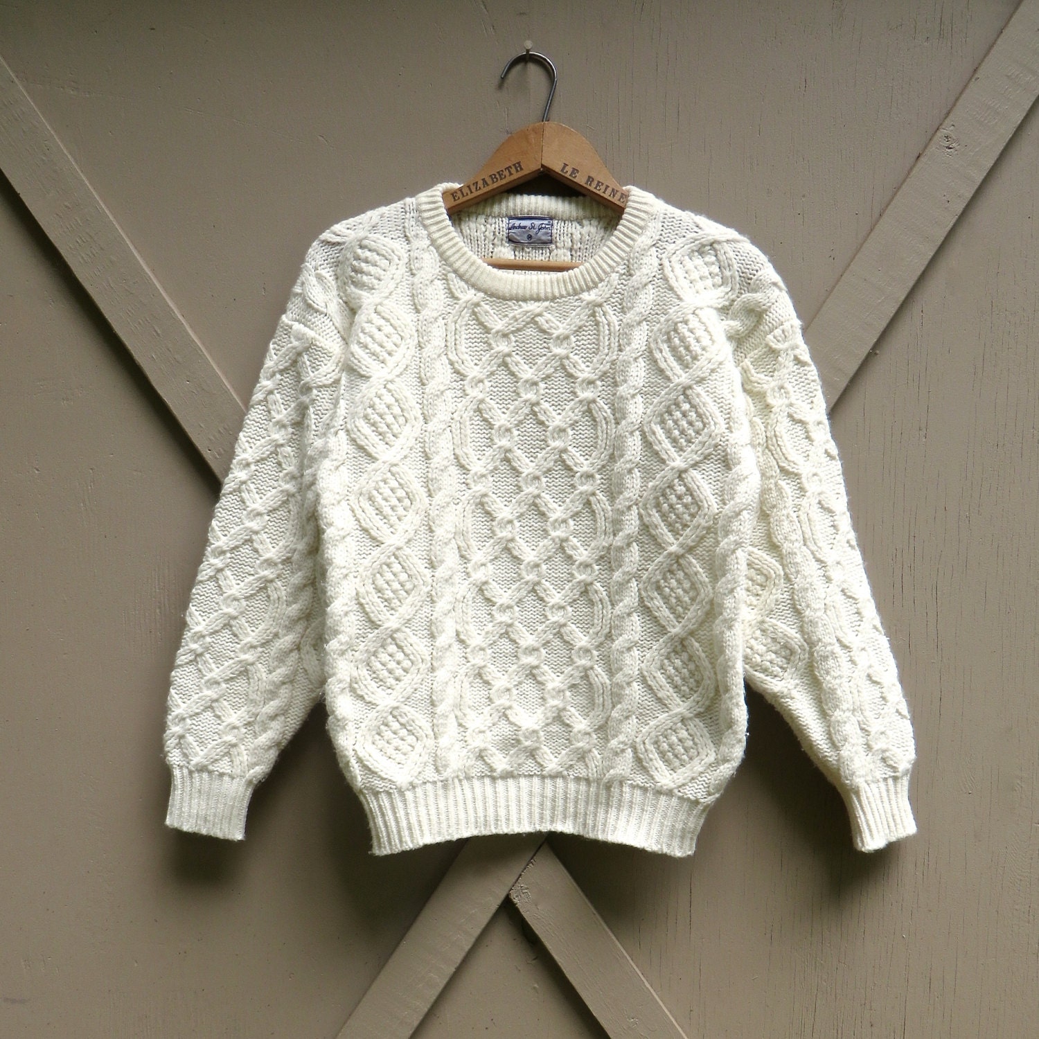 vintage White Acrylic Cable Knit Fisherman's Sweater