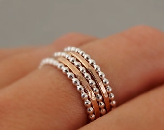 2 Rose Gold Rings and 3 Sterling Silver Bead Rings gifts for mum Stacking Rings mixed metal stackable rings