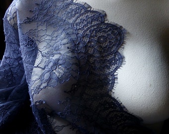 SAMPLE Chantilly Lace Fabric in Navy Blue for Bridal Gowns, Mantilla Veils, Garments CH 14
