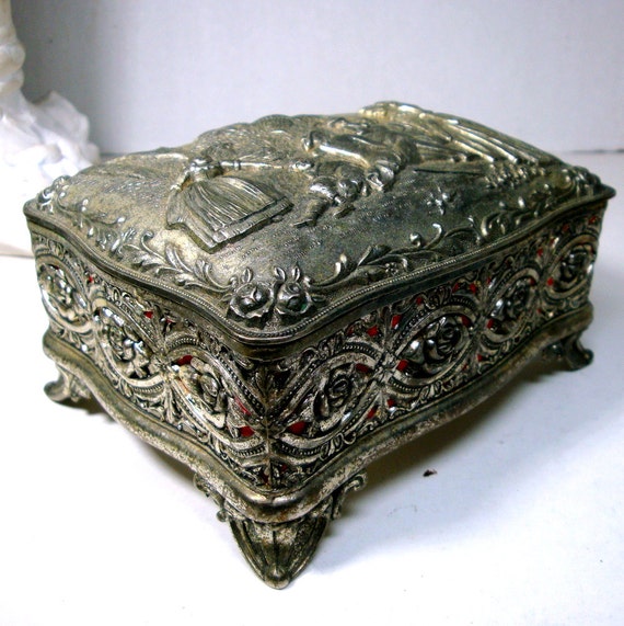 Large Vintage Metal Trinket Box 1950s Japan Shabby Silver