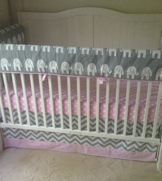 Crib Bedding Set Light Pink And Gray Elephants Bumperless