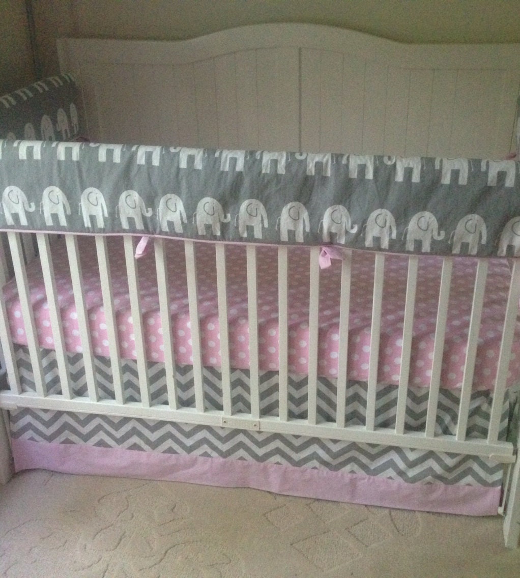 Crib Bedding Set Light Pink And Gray Elephants Bumperless