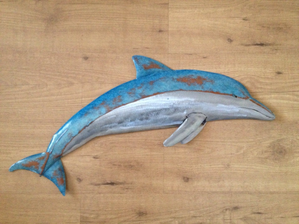 Dolphin Metal Wall sculpture 30in Long Tropical Beach Coastal ocean Art