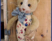 PRIMITIVE FOLK ART Kitty Cat Doll with Mouse ~ 1930s Repro Feedsack Fabric Outfit ~ Antique Button Eyes
