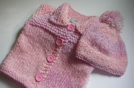 Knit Baby Cardigan and Hat in Pink READY TO SHIP