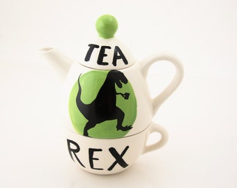Tea-Rex Dinosaur Tea for one set, t-rex wordplay, funny gift for tea lover