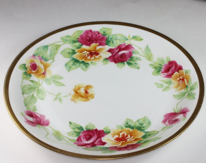 Antique Limoges Porcelain Charger Red and Yellow Roses Coronet 1908 to 1914