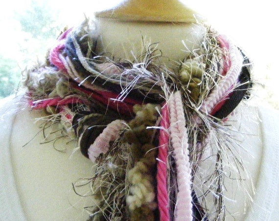 Long Skinny Fuzzy Knotted Pink and Brown Scarf by meiguidesigns