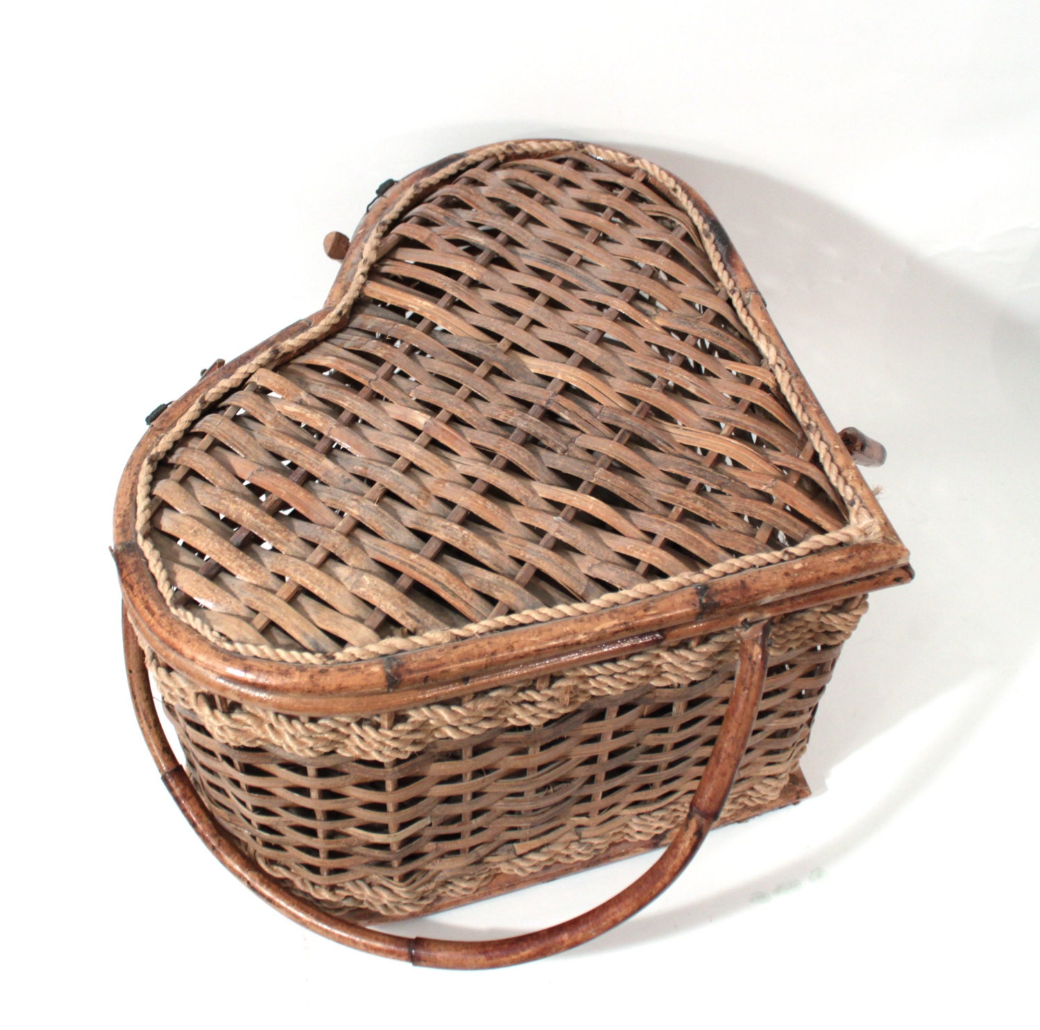 Vintage Large Wicker Heart Shaped Picnic Basket with Bamboo