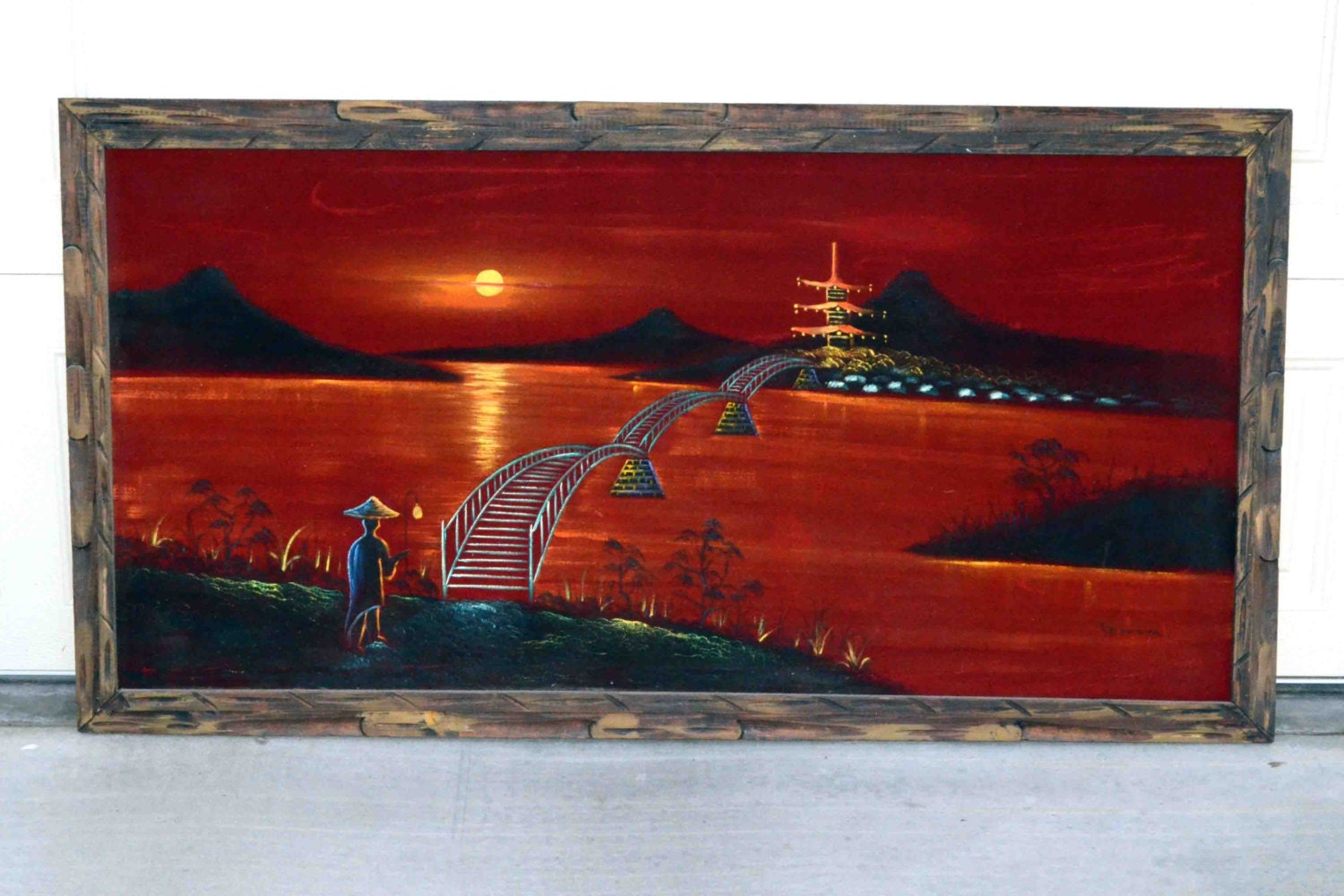 Vintage Velvet Painting of Asian Pagoda and Bridge Scene by MidMod