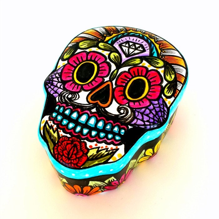 Ceramic Sugar Skull Box Painted Day of the Dead by sewZinski