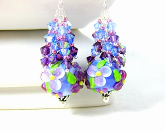 Blue Purple Floral Earrings, Crystal Dangle Earrings, Nature Inspired Jewelry, Lampwork Earrings Floral Jewelry Purple Blue Pink Glass Lydia