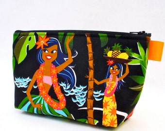 Hawaiian Hula Girls Fabric Large Cosmetic Bag Fabric Zipper Pouch Makeup Bag Cotton Zip Pouch Alexander Henry Hawaii Dancers MTO