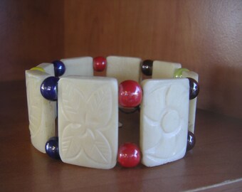 Cuff, Bracelet, carved bone, ceramic beads, handmade BB-1