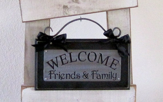 welcome Friends and Family Metal on Wood Wall Plaque with Scroll hanger