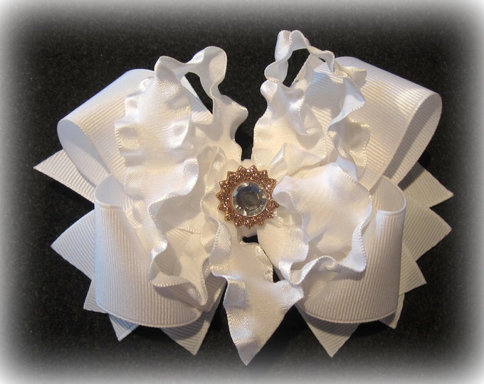White Double Ruffle Hairbow, White Ruffle Bow, Wedding Hairbow, Baptism Hair Bow, Fancy Hair Bow, Girls Hairbows, baby Bows, Baby headband
