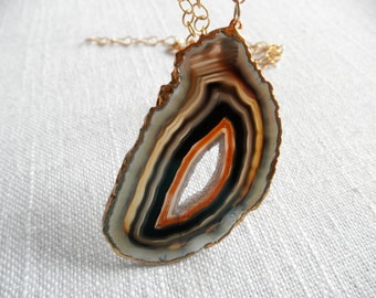Black, gray, white, and brown agate necklace - sliced agate necklace - gold necklace - D R U Z Y 279