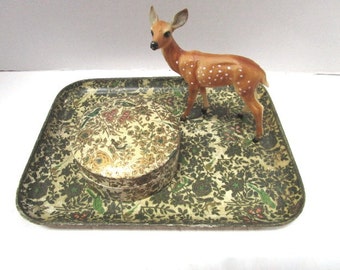 REDUCED 3 pc Vintage Vanity Tray w/ Round Box Set, Florentine Gold Floral w/ Tropical Birds, Chintz Paper Mache Papier, Alfred Knobler Japan
