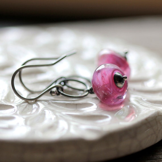 Pink Earrings Glass Beads with Sterling Silver Hoops