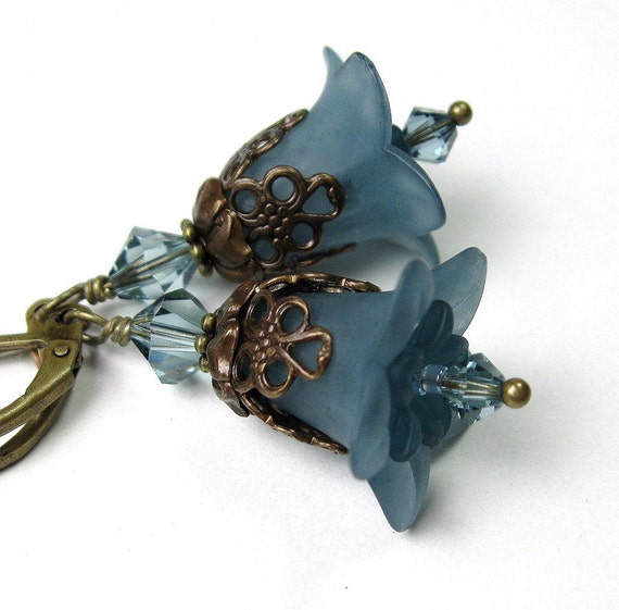 Flower Earrings, Vintaj Brass, Slate Blue, Dangle Earrings, Swarovski Jewelry, Lucite Flowers, Soft and Feminine, Womens Accessories, Blue