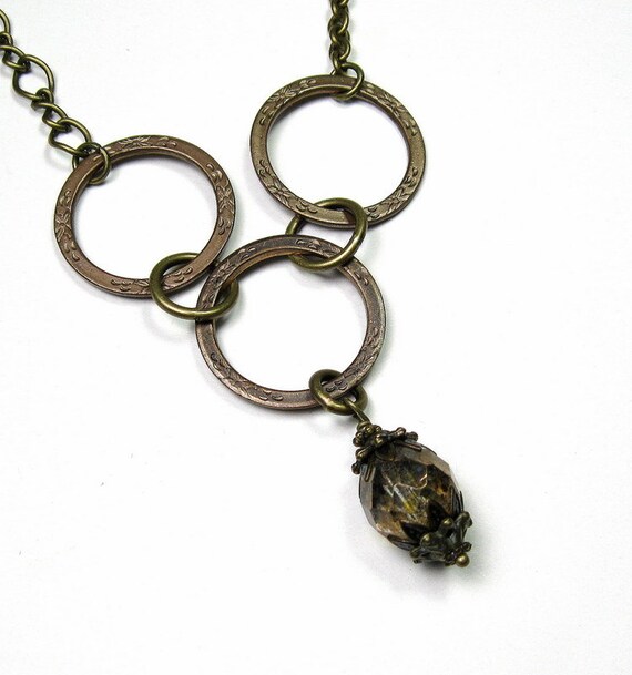 Vintaj Brass, Minimalist, Czech Glass, Geometric Necklace, Garden, Eternity Garden Rings, Circle of Life, Geometric Jewelry, Moss Brown