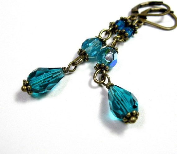 Victorian Style, Czech Glass, Vintage Style, Dangle Earrings, Teal, Blue Green, Cyan, Antiqued Brass, For Her, Womens Accessories, Fashion