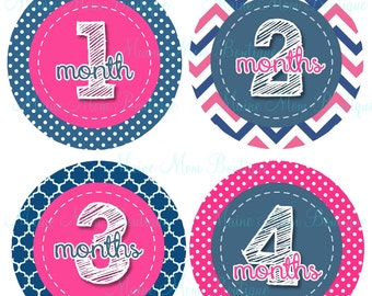 FREE GIFT, Baby Girl Month Stickers, Monthly Baby Sticker, Photo Prop Hot Pink Navy Chevron Dots Milestone One Piece Bodysuit Gift